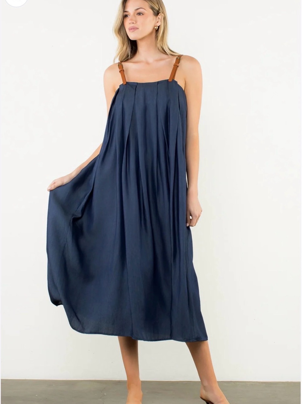 THML Navy Midi Dress with Brown Strap Accents NWT